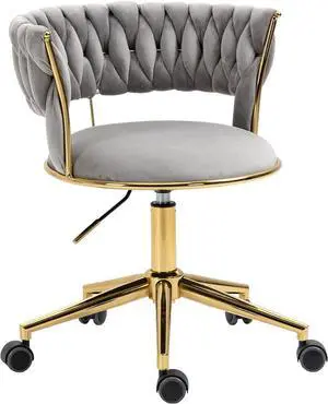 Velvet Office Desk Chair with Hand Woven Backrest, 360° Swivel & Height Adjustable Task Chairs, Makeup Chair, Living Room Chairs with Stainless Base and 5 Wheels (Grey) Velvet Office Desk Chair with Hand Woven Backrest, 360° Swivel & Height Adjustable Task Chairs, Makeup Chair, Living Room Chairs with Stainless Base and 5 Wheels (Grey)