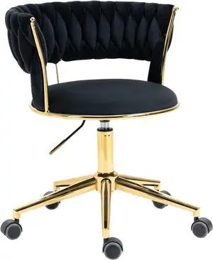 Velvet Office Desk Chair with Hand Woven Backrest, 360° Swivel & Height Adjustable Task Chairs, Makeup Chair, Living Room Chairs with Stainless Base and 5 Wheels (Black) Velvet Office Desk Chair with Hand Woven Backrest, 360° Swivel & Height Adjustable Task Chairs, Makeup Chair, Living Room Chairs with Stainless Base and 5 Wheels (Black)