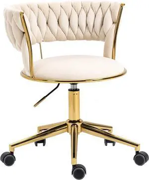 Velvet Office Desk Chair with Hand Woven Backrest, 360° Swivel & Height Adjustable Task Chairs, Makeup Chair, Living Room Chairs with Stainless Base and 5 Wheels (Ivory) Velvet Office Desk Chair with Hand Woven Backrest, 360° Swivel & Height Adjustable Task Chairs, Makeup Chair, Living Room Chairs with Stainless Base and 5 Wheels (Ivory)
