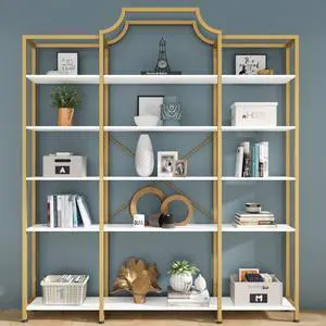 Triple Wide 5-Tier Bookshelf, 70.87" L x 79.13" H Extra Large Gold Bookcase, Tall Display Shelf with Metal Frame, Freestanding Etagere Storage Display Shelf for Home Office, White Gold Triple Wide 5-Tier Bookshelf, 70.87" L x 79.13" H Extra Large Gold Bookcase, Tall Display Shelf with Metal Frame, Freestanding Etagere Storage Display Shelf for Home Office, White Gold