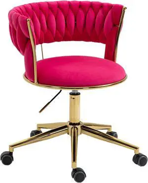 Velvet Office Desk Chair with Hand Woven Backrest, 360° Swivel & Height Adjustable Task Chairs, Makeup Chair, Computer Chair with Stainless Base and 5 Wheels (Rose Red) Velvet Office Desk Chair with Hand Woven Backrest, 360° Swivel & Height Adjustable Task Chairs, Makeup Chair, Computer Chair with Stainless Base and 5 Wheels (Rose Red)