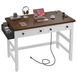 40" Computer Desk with Drawers, Small Desk with Power Outlets for Bedroom and Home Office, Writing Desk with Drawers and a Side Pocket, Vanity Desks for Bedroom, Brown+White 40" Computer Desk with Drawers, Small Desk with Power Outlets for Bedroom and Home Office, Writing Desk with Drawers and a Side Pocket, Vanity Desks for Bedroom, Brown+White