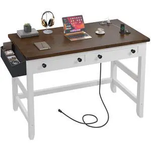 Computer Small Desk with Power Outlets, White Desk with 2 Drawers, Small Study Writing Table with Stable Frame for Home Office, Modern Simple Vanity Desks for Bedroom Computer Small Desk with Power Outlets, White Desk with 2 Drawers, Small Study Writing Table with Stable Frame for Home Office, Modern Simple Vanity Desks for Bedroom