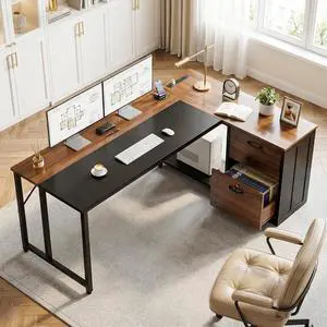 61" L Shaped Office Desk with Wood Drawers & Lockable File Cabinet, Reversible 21.7" D Corner Computer Desk with Built-in Power Outlets, Executive Desk for Home Office, Walnut 61" L Shaped Office Desk with Wood Drawers & Lockable File Cabinet, Reversible 21.7" D Corner Computer Desk with Built-in Power Outlets, Executive Desk for Home Office, Walnut
