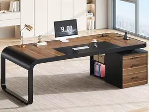 70.9" Executive Desk, Large Computer Desk with Drawers and Lateral File Cabinet, Office Desk with Removable Shelves, Business Furniture Desk Workstation for Home Office, Walnut 70.9" Executive Desk, Large Computer Desk with Drawers and Lateral File Cabinet, Office Desk with Removable Shelves, Business Furniture Desk Workstation for Home Office, Walnut
