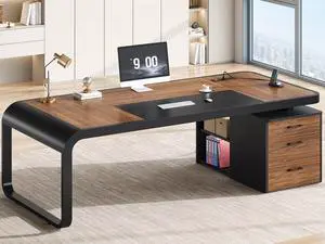 70.9" Executive Desk, Large Computer Desk with Drawers and Lateral File Cabinet, Office Desk with Removable Shelves, Business Furniture Desk Workstation for Home Office, Brown 70.9" Executive Desk, Large Computer Desk with Drawers and Lateral File Cabinet, Office Desk with Removable Shelves, Business Furniture Desk Workstation for Home Office, Brown