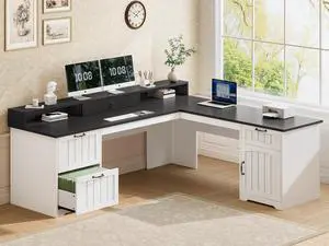 63" L Shaped Desk with Drawers, Farmhouse Office Desk with File Drawers, Wood Corner Computer Desk with Storage, Home Office Desk with Monitor Stand and Storage Cabinet, Black and White 63" L Shaped Desk with Drawers, Farmhouse Office Desk with File Drawers, Wood Corner Computer Desk with Storage, Home Office Desk with Monitor Stand and Storage Cabinet, Black and White
