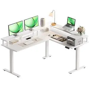 Electric L Shaped Standing Desk, 59 Inch Height Adjustable Stand Up Desk with Power Outlets & Full Monitor Stand, Reversible Corner Desk for Home Office & Computer Workstation, White Electric L Shaped Standing Desk, 59 Inch Height Adjustable Stand Up Desk with Power Outlets & Full Monitor Stand, Reversible Corner Desk for Home Office & Computer Workstation, White