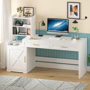60" Computer Desk with Drawers & Bookshelves, Home Office Desk with Storage Cabinet & Spacious Desktop, Writing Gaming Study Table with Bookcase, White 60" Computer Desk with Drawers & Bookshelves, Home Office Desk with Storage Cabinet & Spacious Desktop, Writing Gaming Study Table with Bookcase, White