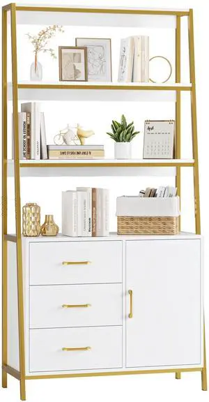 69" Tall Bookshelf, White Gold 4-Tier Bookcase with Wooden Drawers and Ladder Shelves, Free Standing Storage Cabinet Kitchen Bakers Rack with Microwave Oven Stand for Home Office 69" Tall Bookshelf, White Gold 4-Tier Bookcase with Wooden Drawers and Ladder Shelves, Free Standing Storage Cabinet Kitchen Bakers Rack with Microwave Oven Stand for Home Office