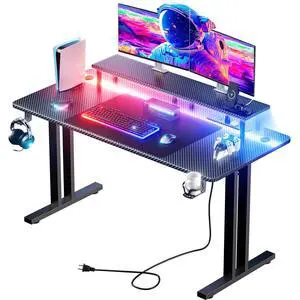 63 Inch Gaming Desk with LED Lights & Cable Management, Black | Ergonomic carbon fiber gaming computer desk with 5 sockets, monitor stand, cup holder, headphone hook & mouse pad for gamers 63 Inch Gaming Desk with LED Lights & Cable Management, Black | Ergonomic carbon fiber gaming computer desk with 5 sockets, monitor stand, cup holder, headphone hook & mouse pad for gamers
