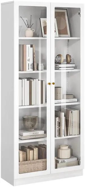 Modern Bookshelf with Doors and Shelves, 70.87" H Metal Bookshelf, Tall Bookcase, 5-Tier Curio Cabinet for Collectibles, White Storage Cabinet Display Case for Home Office, Living Room, School Modern Bookshelf with Doors and Shelves, 70.87" H Metal Bookshelf, Tall Bookcase, 5-Tier Curio Cabinet for Collectibles, White Storage Cabinet Display Case for Home Office, Living Room, School