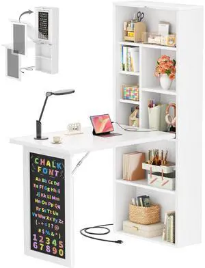 Small Folding Desk with Outlets, Convertible Writing Desk for Small Spaces/Home Office/Craft Room, Multi-Function Desk Workstation with Blackboard, Fold-Out Cabinet Table, White Small Folding Desk with Outlets, Convertible Writing Desk for Small Spaces/Home Office/Craft Room, Multi-Function Desk Workstation with Blackboard, Fold-Out Cabinet Table, White