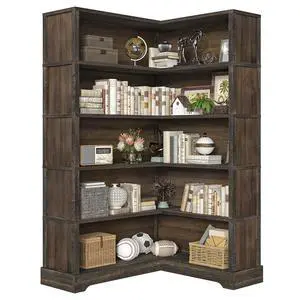 Wood Corner Book Shelf, 5 Tier 65 Inch Tall Bookshelf with Storage, Floor Standing Display Book Shelf for Living Room, Kitchen, Home Office, Walnut Wood Corner Book Shelf, 5 Tier 65 Inch Tall Bookshelf with Storage, Floor Standing Display Book Shelf for Living Room, Kitchen, Home Office, Walnut