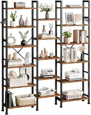Triple Column 6 Tier Bookshelf, Large Bookcase with 17 Display Shelves, Wide Book Shelf with 6 Hooks, Adjustable Rustic Bookshelves Storage Organizer, Shelving Unit for Living Room, Office Triple Column 6 Tier Bookshelf, Large Bookcase with 17 Display Shelves, Wide Book Shelf with 6 Hooks, Adjustable Rustic Bookshelves Storage Organizer, Shelving Unit for Living Room, Office