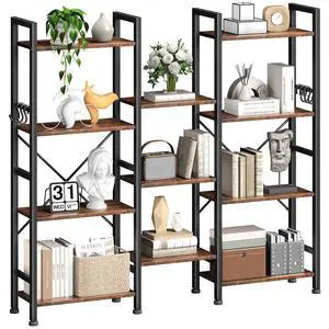 Triple 4 Tier Bookshelf, Bookcase with 11 Open Display Shelves, Large Book Shelf with 6 Hooks, Rustic Bookshelves Storage Organizer, Decorative Shelving Unit for Living Room, Home Office Triple 4 Tier Bookshelf, Bookcase with 11 Open Display Shelves, Large Book Shelf with 6 Hooks, Rustic Bookshelves Storage Organizer, Decorative Shelving Unit for Living Room, Home Office