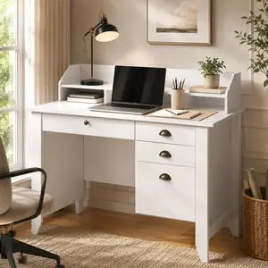 White Desk with Drawers, 47'' Small Desk with File Drawer for Small Spaces, Wood Computer Desk with Monitor Stand for Home Office, Bedroom, White White Desk with Drawers, 47'' Small Desk with File Drawer for Small Spaces, Wood Computer Desk with Monitor Stand for Home Office, Bedroom, White
