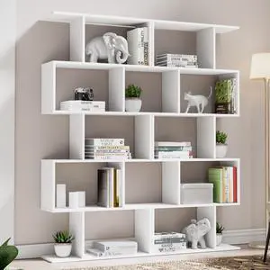 Set of 2 Geometric Bookcase, S-Shaped Modern Bookshelf, Room Divider Bookshelf, 62" Tall Unique Abstract Bookcase with 5-Tier Display Shelf for Living Room Office, White Set of 2 Geometric Bookcase, S-Shaped Modern Bookshelf, Room Divider Bookshelf, 62" Tall Unique Abstract Bookcase with 5-Tier Display Shelf for Living Room Office, White