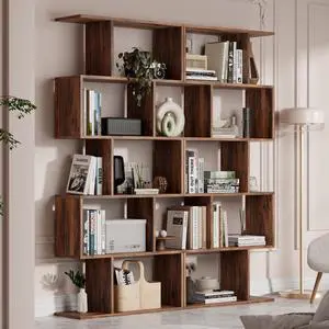 Set of 2 Geometric Bookcase, S-Shaped Modern Bookshelf, Room Divider Bookshelf, 62" Tall Unique Abstract Bookcase with 5-Tier Display Shelf for Living Room Office, Rustic Brown Set of 2 Geometric Bookcase, S-Shaped Modern Bookshelf, Room Divider Bookshelf, 62" Tall Unique Abstract Bookcase with 5-Tier Display Shelf for Living Room Office, Rustic Brown