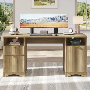 59 inch Computer Desk with 2 Drawers, Office Desk with Storage File Cabinet and 2 Open Storage Shelves, Modern Fluted Executive Desk for Home Office Bedroom, Natural Oak 59 inch Computer Desk with 2 Drawers, Office Desk with Storage File Cabinet and 2 Open Storage Shelves, Modern Fluted Executive Desk for Home Office Bedroom, Natural Oak