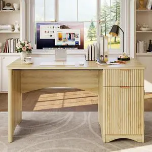 47 inch Fluted Computer Desk with Drawer, Office Desk with File Cabinet, Modern Wood Desk with Storage Cabinet for Home Office Bedroom Study, Natural Oak 47 inch Fluted Computer Desk with Drawer, Office Desk with File Cabinet, Modern Wood Desk with Storage Cabinet for Home Office Bedroom Study, Natural Oak