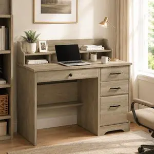 Computer Desk with Drawers, Small Desk with Monitor Stand and File Drawer, Wood Desk with Storage, Writing Desk for Bedroom Home Offic, Grey Computer Desk with Drawers, Small Desk with Monitor Stand and File Drawer, Wood Desk with Storage, Writing Desk for Bedroom Home Offic, Grey