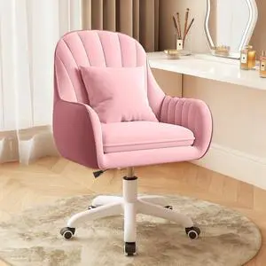 Upholstered Desk Chair with Pillow Swivel Rolling Accent Chair for Women Girls, Adjustable Height Vanity Chair with Wheels for Living Room, Home Office, Pink Upholstered Desk Chair with Pillow Swivel Rolling Accent Chair for Women Girls, Adjustable Height Vanity Chair with Wheels for Living Room, Home Office, Pink