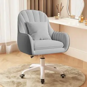 Upholstered Desk Chair with Pillow Swivel Rolling Accent Chair for Women Girls, Adjustable Height Vanity Chair with Wheels for Living Room, Home Office, Gray Upholstered Desk Chair with Pillow Swivel Rolling Accent Chair for Women Girls, Adjustable Height Vanity Chair with Wheels for Living Room, Home Office, Gray
