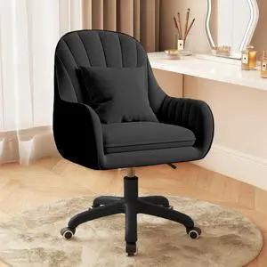Upholstered Desk Chair with Pillow Swivel Rolling Accent Chair for Women Girls, Adjustable Height Vanity Chair with Wheels for Living Room, Home Office, Black Upholstered Desk Chair with Pillow Swivel Rolling Accent Chair for Women Girls, Adjustable Height Vanity Chair with Wheels for Living Room, Home Office, Black