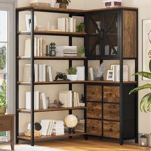 Corner Bookshelf, 6 Tier Industrial Convertible Bookshelf with 6 Fabric Drawers, Corner Bookcase Large L Shaped Storage Display Shelf for Home Office, Living Room, Kitchen, Rustic Brown Corner Bookshelf, 6 Tier Industrial Convertible Bookshelf with 6 Fabric Drawers, Corner Bookcase Large L Shaped Storage Display Shelf for Home Office, Living Room, Kitchen, Rustic Brown