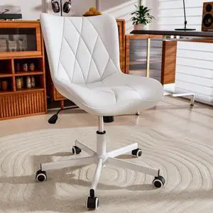 Armless Desk Chair, Morden Home Office Chair no Arms, Adjustable Height & Rocking Computer Chair, PU Leather Vanity Chair, Ergonomic Seat Soft Padded Desk Chairs for Home Small Space, White Armless Desk Chair, Morden Home Office Chair no Arms, Adjustable Height & Rocking Computer Chair, PU Leather Vanity Chair, Ergonomic Seat Soft Padded Desk Chairs for Home Small Space, White