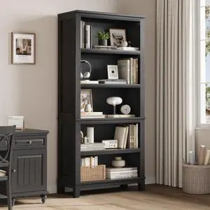 71" Farmhouse Bookcase w/Adjustable Shelves & 31.5" Width, 5 Tier Tall Bookshelf with Wooden Legs, Rustic Vintage Book Shelf for Living Room Office Library (Black) 71" Farmhouse Bookcase w/Adjustable Shelves & 31.5" Width, 5 Tier Tall Bookshelf with Wooden Legs, Rustic Vintage Book Shelf for Living Room Office Library (Black)