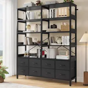 Bookshelf with 8 Fabric Drawers, 7-Tier Bookcase with Baffles Display Shelves, Industrial Large Book Shelf for Living Room Home Office, Black Bookshelf with 8 Fabric Drawers, 7-Tier Bookcase with Baffles Display Shelves, Industrial Large Book Shelf for Living Room Home Office, Black