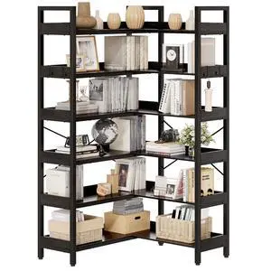 6-Tier Corner Bookshelf, Reversible L-Shaped Bookcase with 4 Hooks, 69" Industrial Wood & Metal Storage Shelf for Living Room, Home Office & Bedroom, Black 6-Tier Corner Bookshelf, Reversible L-Shaped Bookcase with 4 Hooks, 69" Industrial Wood & Metal Storage Shelf for Living Room, Home Office & Bedroom, Black