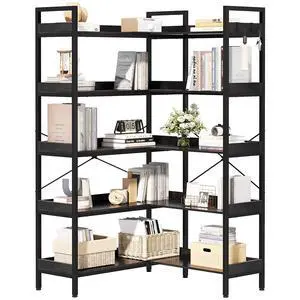 5-Tier Corner Bookshelf, Reversible L-Shaped Bookcase with 4 Hooks, 65" Industrial Wood & Metal Storage Shelf for Living Room, Home Office & Bedroom, Black 5-Tier Corner Bookshelf, Reversible L-Shaped Bookcase with 4 Hooks, 65" Industrial Wood & Metal Storage Shelf for Living Room, Home Office & Bedroom, Black