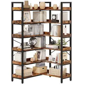 6-Tier L-Shaped Reversible Corner Bookshelf, 69" Rustic Brown Industrial Wood & Metal Bookcase, Wide Open Shelves + 4 Hooks for Living Room/Bedroom/Home Office 6-Tier L-Shaped Reversible Corner Bookshelf, 69" Rustic Brown Industrial Wood & Metal Bookcase, Wide Open Shelves + 4 Hooks for Living Room/Bedroom/Home Office