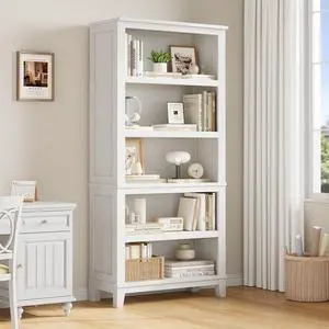 71" Farmhouse Bookcase w/Adjustable Shelves & 31.5" Width, 5 Tier Tall Bookshelf with Wooden Legs, Rustic Vintage Book Shelf for Living Room Office Library (White) 71" Farmhouse Bookcase w/Adjustable Shelves & 31.5" Width, 5 Tier Tall Bookshelf with Wooden Legs, Rustic Vintage Book Shelf for Living Room Office Library (White)