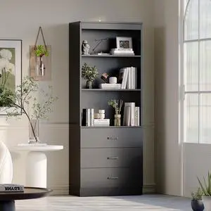 70" H 6-Tier Bookshelf with 3 Drawers, White Bookcase with 3-Tier Open Shelves, Tall Book Shelf with Storage Space, Wooden Storage Cabinet for Living Room, Bedroom, Office (Black, 6-Tier) 70" H 6-Tier Bookshelf with 3 Drawers, White Bookcase with 3-Tier Open Shelves, Tall Book Shelf with Storage Space, Wooden Storage Cabinet for Living Room, Bedroom, Office (Black, 6-Tier)