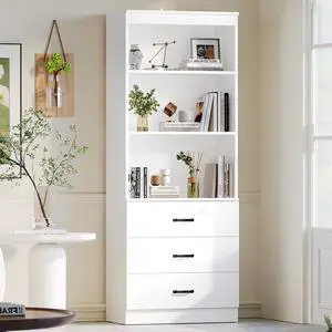 70" H 6-Tier Bookshelf with 3 Drawers, White Bookcase with 3-Tier Open Shelves, Tall Book Shelf with Storage Space, Wooden Storage Cabinet for Living Room, Office (White, 6-Tier) 70" H 6-Tier Bookshelf with 3 Drawers, White Bookcase with 3-Tier Open Shelves, Tall Book Shelf with Storage Space, Wooden Storage Cabinet for Living Room, Office (White, 6-Tier)