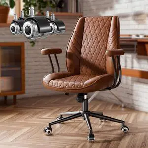 Brown Leather Office Desk Chair with Quiet Rubber Wheels, Height Adjustable, Padded Arms, Vintage Mid Century Office Chair, Retro Style Desk Chair Brown Leather Office Desk Chair with Quiet Rubber Wheels, Height Adjustable, Padded Arms, Vintage Mid Century Office Chair, Retro Style Desk Chair