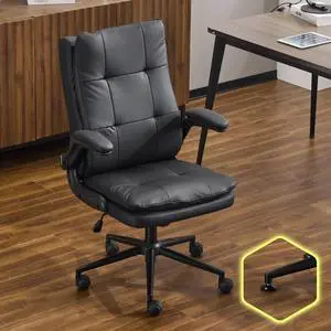 Comfy Black Leather Office Desk Chair,Ergonomic High-Back Support Computer Gaming Chair with/No Wheels,Dual-Base,Adjustable Height,Flip-Up Arms,360° Swivel Rolling Task Chair for Home Office Comfy Black Leather Office Desk Chair,Ergonomic High-Back Support Computer Gaming Chair with/No Wheels,Dual-Base,Adjustable Height,Flip-Up Arms,360° Swivel Rolling Task Chair for Home Office