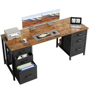63 inch Computer Desk with File Drawers Cabinet, Modern Office Desk with Large Storage for Home Office, Study, Gaming, Vintage 63 inch Computer Desk with File Drawers Cabinet, Modern Office Desk with Large Storage for Home Office, Study, Gaming, Vintage