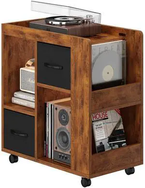 Narrow Side Table with Storage, Wooden Rolling Nightstand Bedside Table with Wheels, Magazine Racks and Open Shelves, End Table with Drawers for Living Room Bedroom, Rustic Brown Narrow Side Table with Storage, Wooden Rolling Nightstand Bedside Table with Wheels, Magazine Racks and Open Shelves, End Table with Drawers for Living Room Bedroom, Rustic Brown
