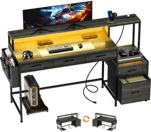 61 Inch Gaming Desk with Charging Station and LED Lights, Reversible Computer Desk with Storage Drawer and Monitor Stand, Modern Desk Table with File Cabinet & Side Pocket, Grey Oak 61 Inch Gaming Desk with Charging Station and LED Lights, Reversible Computer Desk with Storage Drawer and Monitor Stand, Modern Desk Table with File Cabinet & Side Pocket, Grey Oak