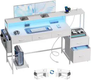 61 Inch Gaming Desk with Charging Station and LED Lights, Reversible Computer Desk with Storage Drawer and Monitor Stand, Modern Desk Table with File Cabinet & Side Pocket, Carbon Fiber White 61 Inch Gaming Desk with Charging Station and LED Lights, Reversible Computer Desk with Storage Drawer and Monitor Stand, Modern Desk Table with File Cabinet & Side Pocket, Carbon Fiber White