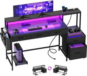 61 Inch Gaming Desk with Charging Station and LED Lights, Reversible Computer Desk with Storage Drawer and Monitor Stand, Modern Desk Table with File Cabinet & Side Pocket, Carbon Fiber Black 61 Inch Gaming Desk with Charging Station and LED Lights, Reversible Computer Desk with Storage Drawer and Monitor Stand, Modern Desk Table with File Cabinet & Side Pocket, Carbon Fiber Black