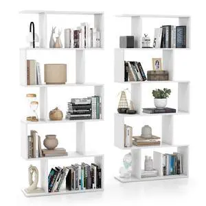 5-Tier Geometric Bookshelf, S Shaped Bookcase w/Anti-Toppling Device, Freestanding Room Divider, Industrial Home Office Decor Wood Open Storage Display Shelf for Living Room (2, White) 5-Tier Geometric Bookshelf, S Shaped Bookcase w/Anti-Toppling Device, Freestanding Room Divider, Industrial Home Office Decor Wood Open Storage Display Shelf for Living Room (2, White)