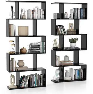 5-Tier Geometric Bookshelf, S Shaped Bookcase w/Anti-Toppling Device, Freestanding Room Divider, Industrial Home Office Decor Wood Open Storage Display Shelf for Living Room (2, Black) 5-Tier Geometric Bookshelf, S Shaped Bookcase w/Anti-Toppling Device, Freestanding Room Divider, Industrial Home Office Decor Wood Open Storage Display Shelf for Living Room (2, Black)