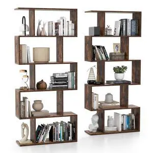 5-Tier Geometric Bookshelf, S Shaped Bookcase w/Anti-Toppling Device, Freestanding Room Divider, Industrial Wood Open Display Shelf for Living Room Home Office (2, Rustic Brown) 5-Tier Geometric Bookshelf, S Shaped Bookcase w/Anti-Toppling Device, Freestanding Room Divider, Industrial Wood Open Display Shelf for Living Room Home Office (2, Rustic Brown)