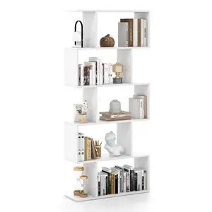 5-Tier Geometric Bookshelf, S Shaped Bookcase w/Anti-Toppling Device, Freestanding Room Divider, Industrial Home Office Decor Wood Open Storage Display Shelf for Living Room (1, White) 5-Tier Geometric Bookshelf, S Shaped Bookcase w/Anti-Toppling Device, Freestanding Room Divider, Industrial Home Office Decor Wood Open Storage Display Shelf for Living Room (1, White)